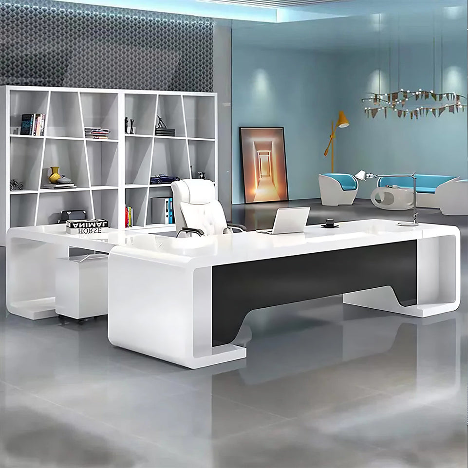 Minimalist Luxury White L-Shaped Executive Desk with Black Privacy Panel LBZ-2009